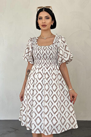 Yonca Moda Evi Vizon Kare Desenli Yazlık Elbise
