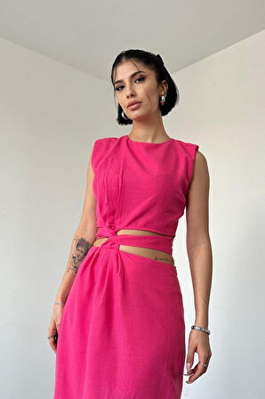 Yonca Moda Evi Fuşya Kuşaklı Crop Ve Etek Takım