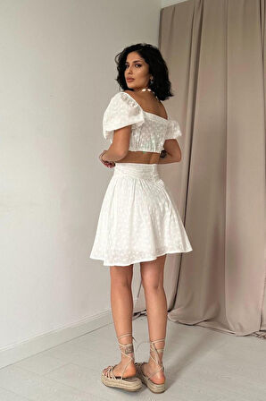 Yonca Moda Evi Ekru Brode Crop Ve Mini Etek Takım