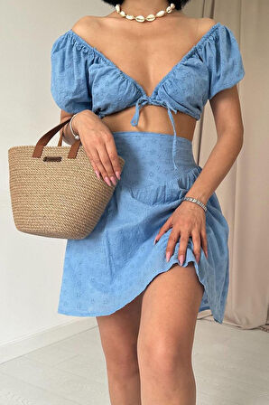 Yonca Moda Evi Mavi Brode Crop Ve Mini Etek Takım
