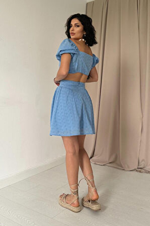 Yonca Moda Evi Mavi Brode Crop Ve Mini Etek Takım