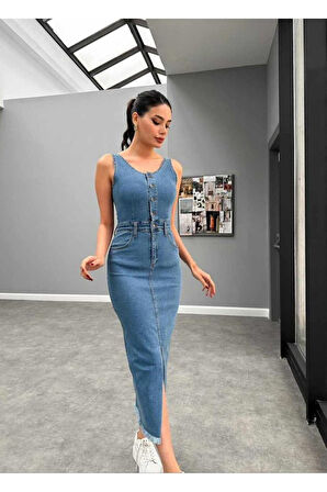 Yonca Moda Evi Mavi Likralı Kot Jile Elbise
