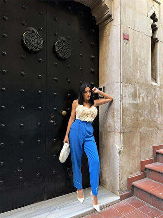 Yonca Moda Evi PAÇASI CIRTLI PANTOLON - Mavi