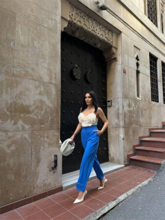 Yonca Moda Evi PAÇASI CIRTLI PANTOLON - Mavi