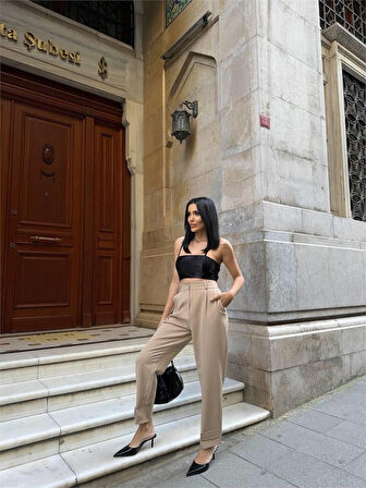 Yonca Moda Evi PAÇASI CIRTLI PANTOLON - Bej