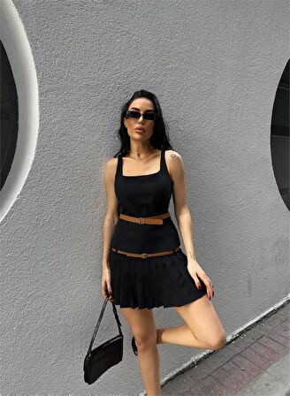 Yonca Moda Evi POLYVİSCON PİLE VE KEMER DETAYLI KISA ETEK - Siyah