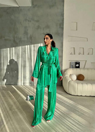 Yonca Moda Evi VİSKON JAKARLI BAĞLAMALI GÖMLEK - PANTOLON TAKIM - Yeşil