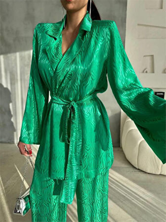Yonca Moda Evi VİSKON JAKARLI BAĞLAMALI GÖMLEK - PANTOLON TAKIM - Yeşil