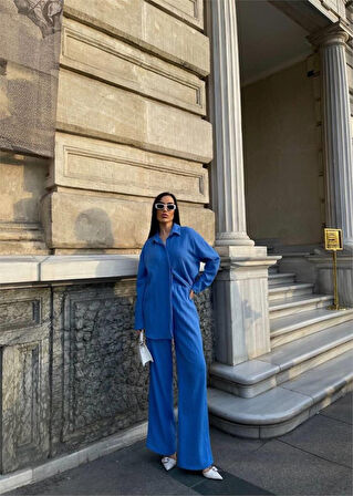 Yonca Moda Evi KENDİNDEN DESENLİ KRINKILL GÖMLEK - PANTOLON TK - Mavi