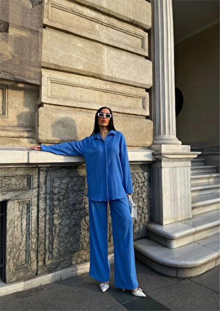 Yonca Moda Evi KENDİNDEN DESENLİ KRINKILL GÖMLEK - PANTOLON TK - Mavi