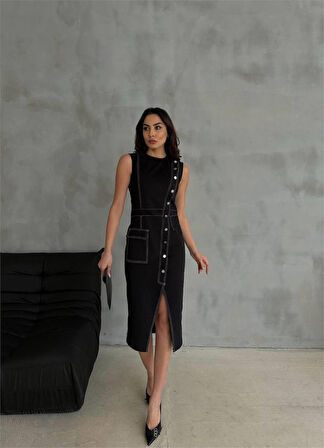 Yonca Moda Evi GABARDİN KALEM ELBİSE DÜĞME VE YIRTMAÇ DETAYLI - Bej