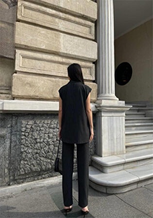 Yonca Moda Evi ÇİZGİLİ UZUN YELEK - PANTOLON TAKIM POLVİSCON - Antrasit