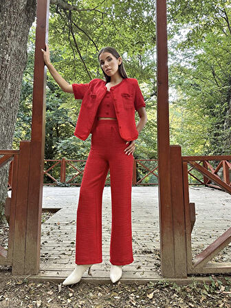 Yonca Moda Evi Kırmızı Askılı Büstiyer Ceket Ve Pantolon Takım