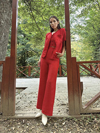Yonca Moda Evi Kırmızı Askılı Büstiyer Ceket Ve Pantolon Takım