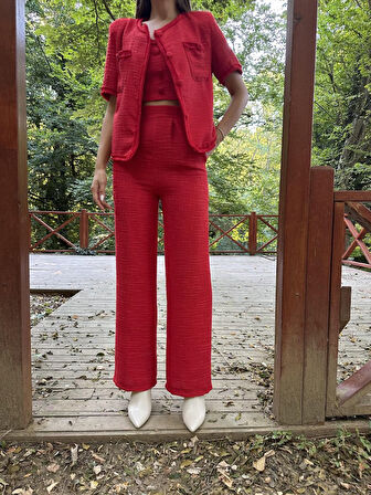 Yonca Moda Evi Kırmızı Askılı Büstiyer Ceket Ve Pantolon Takım