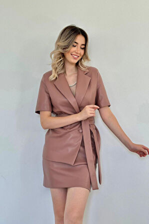 Yonca Moda Evi Pudra Deri Ceket Ve Etek Takım