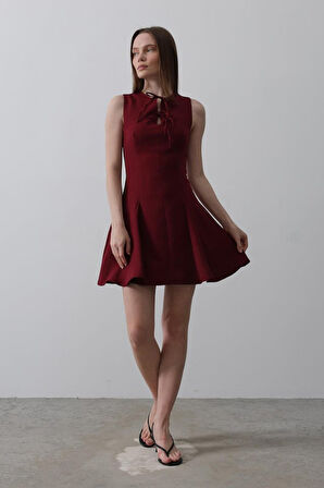 Yonca Moda Evi Fiyonk Detay Sıfır Kollu Mini Elbise - Bordo