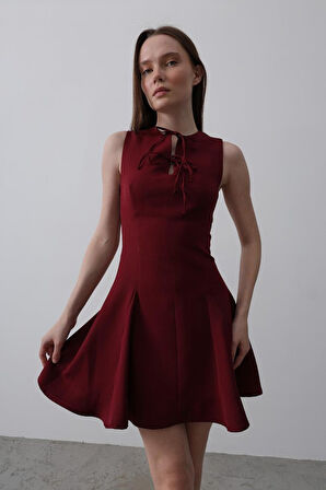 Yonca Moda Evi Fiyonk Detay Sıfır Kollu Mini Elbise - Bordo