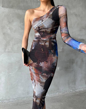Yonca Moda Evi TEK KOL TÜL ELBİSE - Bej