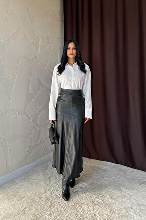 Yonca Moda Evi Siyah Fermuar Detaylı Deri Etek