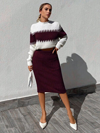 Yonca Moda Evi Kadın Uzun Kollu Triko Etekli Takım