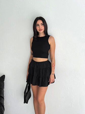 Yonca Moda Evi Keten Şortlu Etek - Siyah