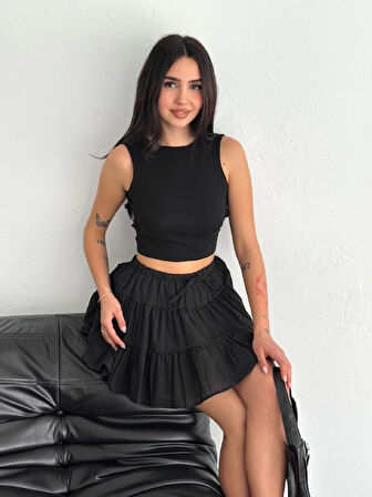 Yonca Moda Evi Keten Şortlu Etek - Siyah