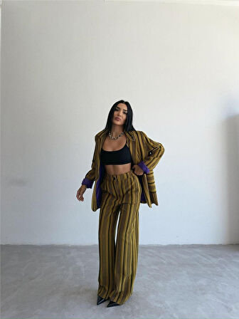 Yonca Moda Evi OTTOMAN ÇİZGİLİ CEKET-PANTOLON TK - Yeşil
