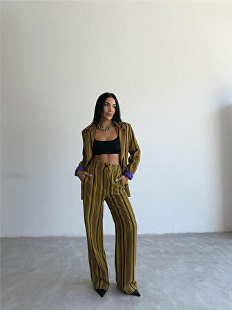 Yonca Moda Evi OTTOMAN ÇİZGİLİ CEKET-PANTOLON TK - Yeşil