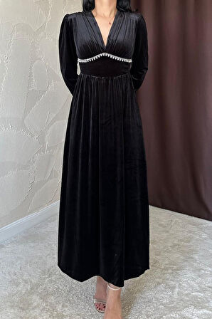 Yonca Moda Evi Siyah Göğüs Altı Taşlı Elbise