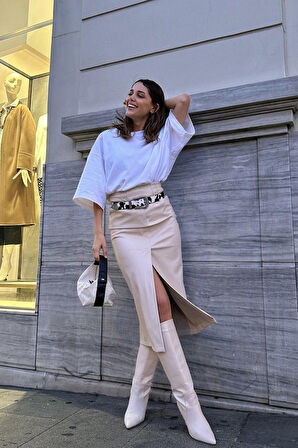 Yonca Moda Evi Bej Yırtmaçlı Süs Patlı Etek