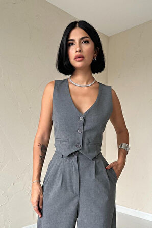 Yonca Moda Evi Antrasit Klas Ceket Ve Yelek Ve Pantolon Takım