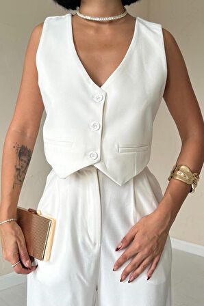 Yonca Moda Evi Ekru Klas Ceket Ve Yelek Ve Pantolon Takım