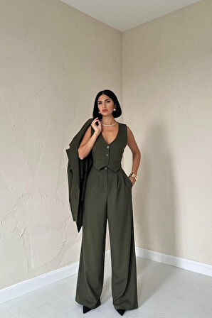 Yonca Moda Evi Haki Klas Ceket Ve Yelek Ve Pantolon Takım