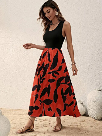 Yonca Moda Evi Kadın Askılı Yuvarlak Yaka üst Viskon Alt Desenli Uzun Süprem Elbise