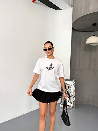 Yonca Moda Evi Kısa Kol Baskılı T-shirt - Beyaz