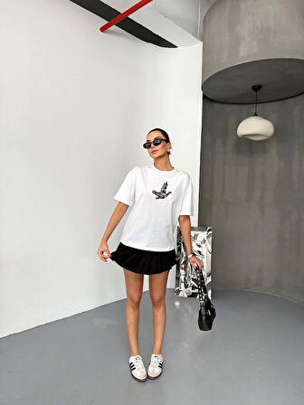 Yonca Moda Evi Kısa Kol Baskılı T-shirt - Beyaz