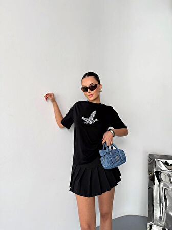 Yonca Moda Evi Kısa Kol Baskılı T-shirt - Siyah
