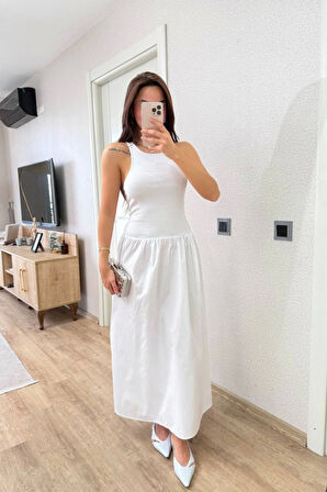 Yonca Moda Evi Kolsuz Uzun Elbise - Beyaz