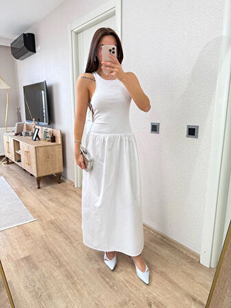 Yonca Moda Evi Kolsuz Uzun Elbise - Beyaz