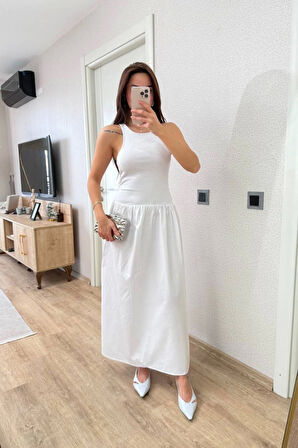 Yonca Moda Evi Kolsuz Uzun Elbise - Beyaz