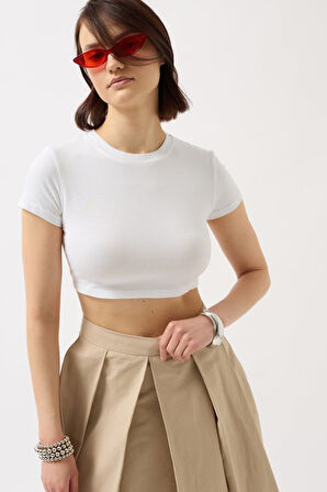 Yonca Moda Evi Likralı Basic Crop T-Shirt