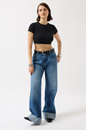 Yonca Moda Evi Likralı Basic Crop T-Shirt