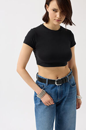 Yonca Moda Evi Likralı Basic Crop T-Shirt