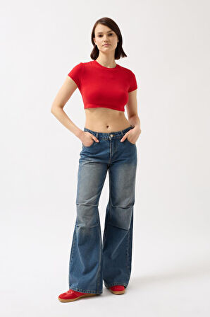 Yonca Moda Evi Likralı Basic Crop T-Shirt