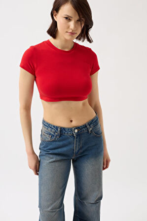Yonca Moda Evi Likralı Basic Crop T-Shirt