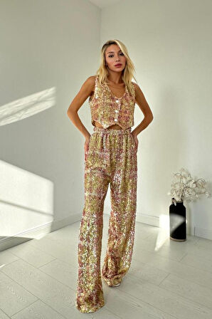Yonca Moda Evi Pudra Pullu Yelek Ve Pantolon Takım