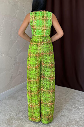 Yonca Moda Evi Yeşil Pullu Yelek Ve Pantolon Takım
