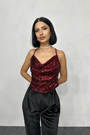 Yonca Moda Evi Bordo Askılı Degaje Bluz