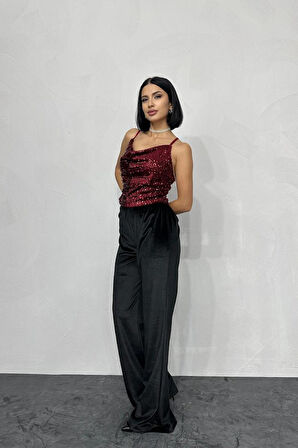 Yonca Moda Evi Bordo Askılı Degaje Bluz